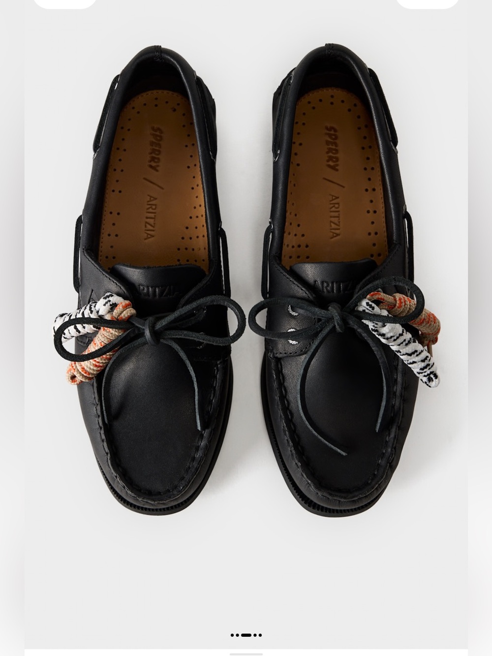 Aritzia Black Leather Boat Shoes with Pink and Blue Rope Laces
